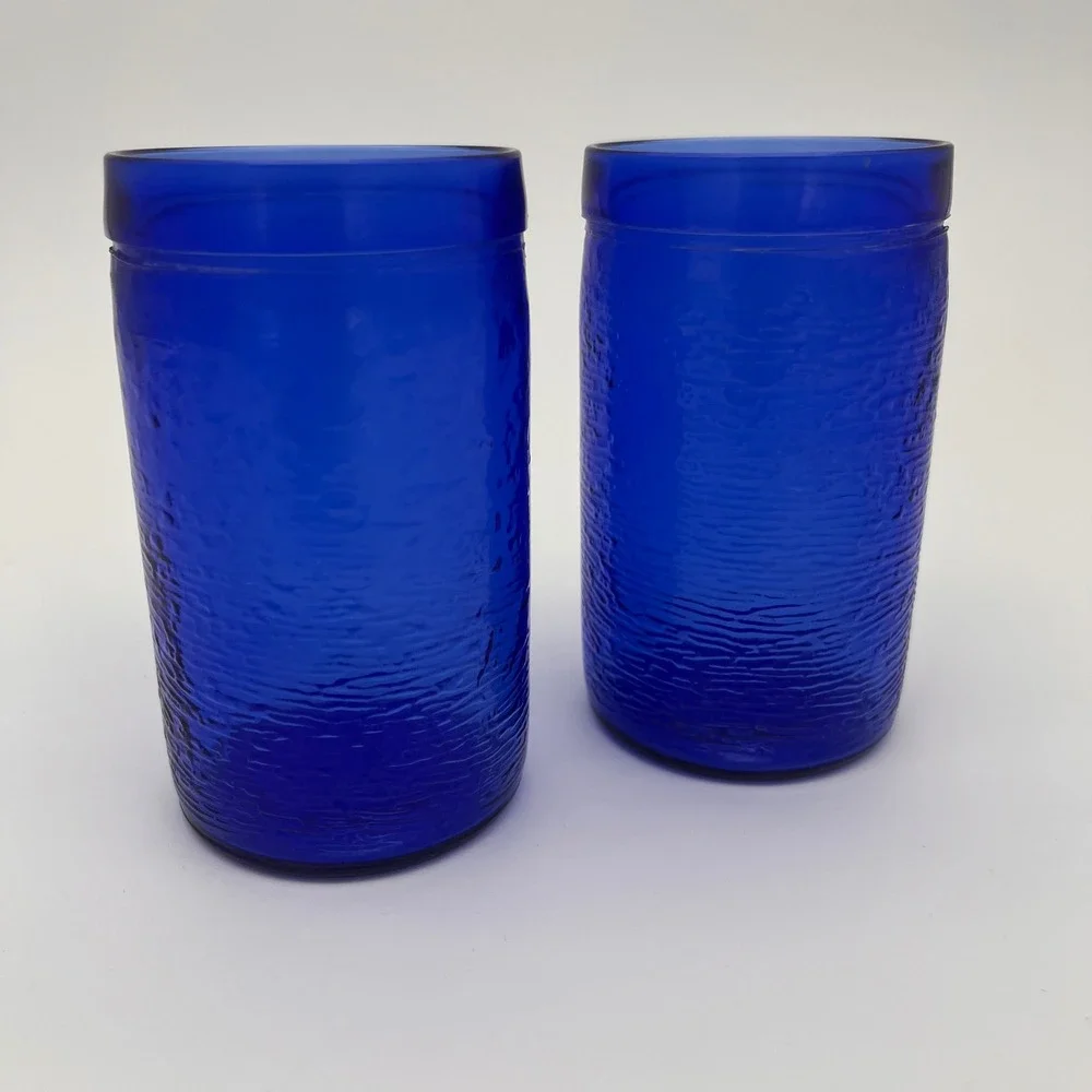 Vintage Cobalt Blue Textured Bark Glass Tumblers Set of 2 Drinking Glasses